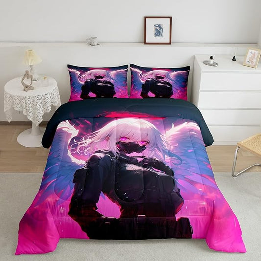 Erosebridal King Japanese Anime Comforter Set Anime Girl Bedding Set for Kids Girls Teens Men Bedroom, Cartoon Girl Quilt Kawaii Japanese Animation Duvet Insert 3 Piece with 2 Pillow Cases