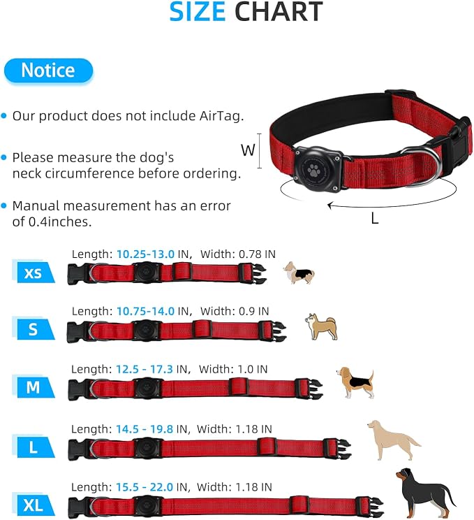 Upgrade Dog Collar with AirTag Holder, IP68 Waterproof, Red, S | Built-in Water Resistant AirTag holder, 1000D Nylon, Reflective Stitching for Night Visibility, Soft padding for Comfort