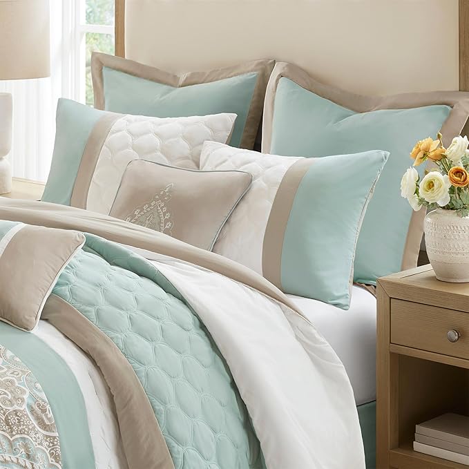 510 DESIGN Luxe Quilted Comforter Set Modern Transitional Design, All Season Down Alternative Warm Bedding Matching Shams, Bedskirt, Decorative Pillow, King, Shawnee Scrollwork Seafoam