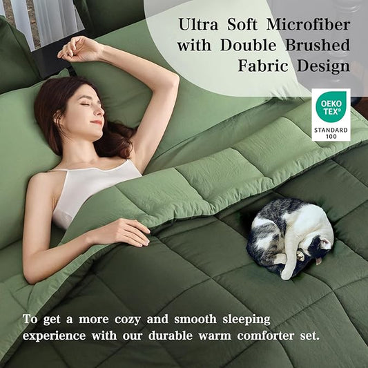 Twin XL Comforter Set - 7 Piece Green All-Season Bedding with Ultra Soft Reversible Lightweight Comforter, Bed Skirt, Flat Sheets, Pillowcases & Pillow Shams