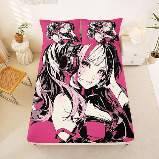 Pink Anime Girls Bedding Set Cartoon Japanes-Style Fitted Sheet Full, Graffiti Street Culture Bed Sheets for Kids Teens Youth Watercolor Hippie Style Sheets 3Pcs, No Top Sheet