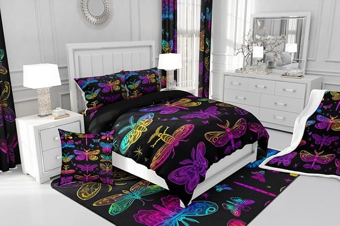 Butterfly Bedding Set, Gothic Ombre Dragonfly Comforter Set for Kids Teens, Gradient Rainbow Death Moth Bedding Comforter Sets Halloween Decoration Bedding, Psychedelic Colorful Wildlife Quilt, King