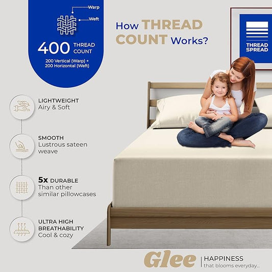 THREAD SPREAD 100% Cotton King Size Pillow Cases Set of 2 - Luxury 400 Thread Count Pillow Cases King Size (Ivory), Soft Cooling Breathable & Durable Sateen Weave Hotel Quality Cotton Pillowcases