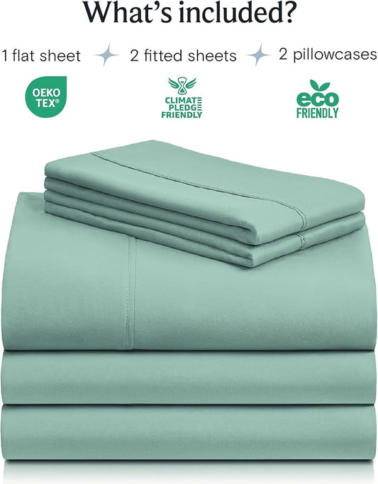 LuxClub 5 PC Split King Sheet Set Bed Sheets Deep Pockets 18" Eco Friendly Wrinkle Free Cooling Sheets Machine Washable Hotel Bedding Silky Soft - Light Teal Split King