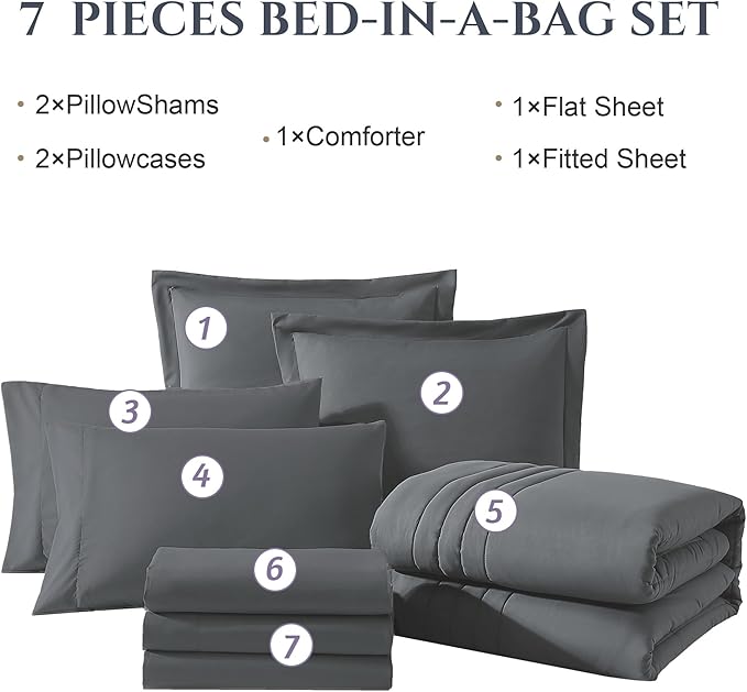 Monbix Super King Size Comforter Set - 7 Pieces Bright Gray Bed in a Bag Super King Bedding Sets with Comforters, All Seasons Comforter Bed Set with Sheets,Pillowcases & Shams