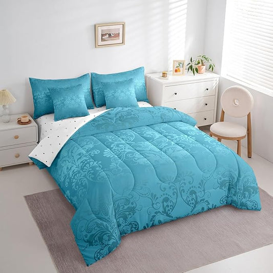 Erosebridal Gothic Damask Bed in a Bag Queen Comforter Set 7 Piece,Exotic Moth Bedding Sets Teal Victorian Floral Goth Sheet Set with Comforter