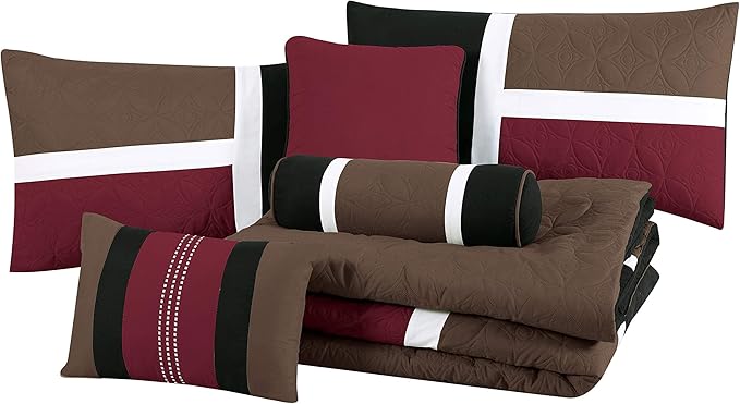 Chezmoi Collection Upland 7-Piece Quilted Patchwork Comforter Set, Burgundy/Black/Brown, Full