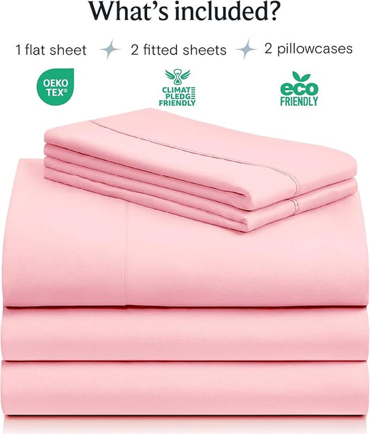 LuxClub 5 PC Split King Sheet Set, Deep Pockets Wrinkle Free Cooling Bed Sheets Hotel Bedding for Women, Men, Includes 1 Fitted Sheet, 1 Flat Sheet and 2 Pillowcases-Baby Pink