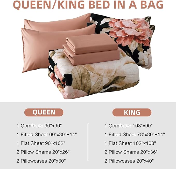 Dobuyly Black King Size Comforter Set 7 Piece Bed in a Bag, Pink Floral Printed on Black Comforter Set with Sheets, Soft Microfiber Botanical Flower Bedding Set for All Season