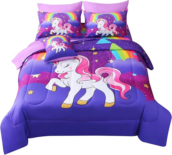 JQinHome Unicorn Full Bedding Sets for Girls Kids,8 Piece Bed in A Bag 3D Purple Rainbow Theme Unicorn Comforter Set with Sheet Set(Rainbow)