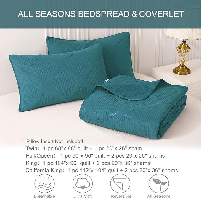 Exclusivo Mezcla Oversized King Quilt Set- Teal Cal King Quilts Bedding Set with 2 Pillow Shams, Modern Bedspread with Striped Pattern, Soft Lightweight Bedspreads Coverlets for All Seasons