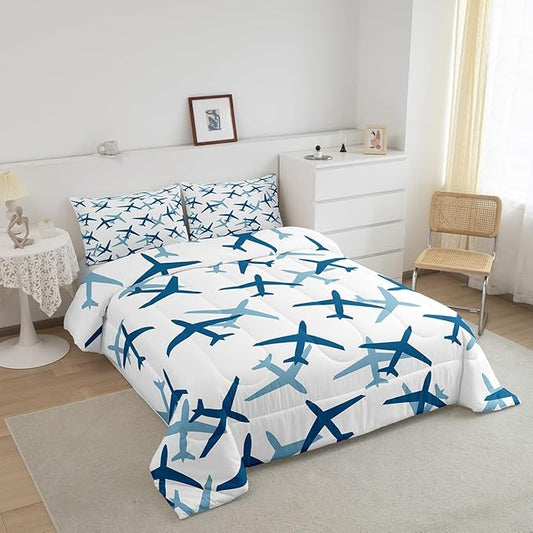 Castle Fairy Kids Aircraft Comforter King Size,Cartoon Transportation Vehicles Comforter Set Bedding Set for Youth Adults,Boys Airplane Blue White Duvet Set Ultra Soft Room Decor 3Pcs Quilt Set