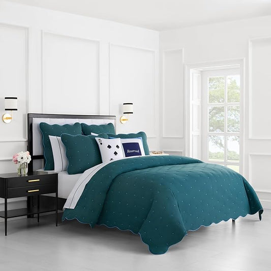 kate spade new york Scalloped Edge 3-Piece Full/Queen Quilt Bedding Set, 100% Cotton Voile Reversible Cover, All Season Bedding, Machine Washable, Blue Spruce