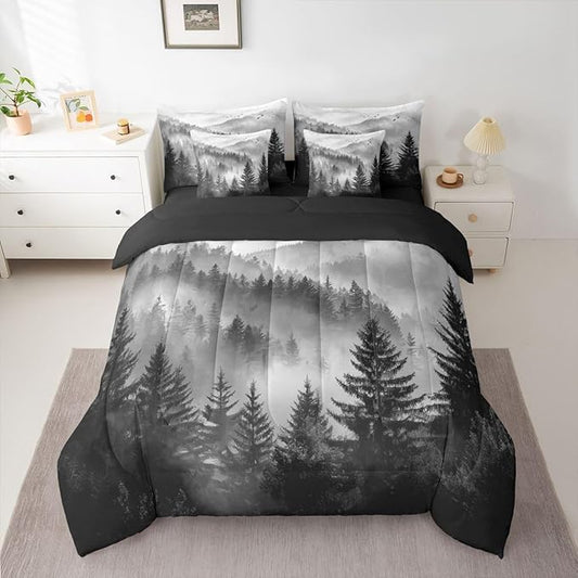 Erosebridal Foggy Mountain Full Comforter Set with Sheets 7 Piece Grey Forest Pine Tree Bed in A Bag Nature Misty Woodland Bedding Sets for Kids Adults,Flying Bird Bed Set