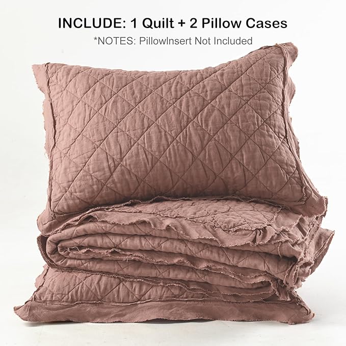 HORIMOTE HOME 100% Linen Front/100% Cotton Back Quilt Set Queen Size, Cameo Rose Pre-Washed European Flax Linen Quilt, Diamond Stitch Bedspread Coverlet Bedding Set 3-Piece for All Seasons