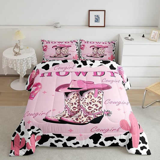 Castle Fairy Pink Cowgirl Bedding Set Twin Size Milk Cow Print Comforter Set for Girls Room Decor Modern Leopard Cowboy Boots Down Comforter Desert Cactus Quilt Set with 1 Pillowcase