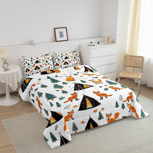 Feelyou Camping Comforter Set Toddler Size Fox Comforter Camper Accessories for Travel Trailers Bedding Set Cute Duvet Set Room Decor Wool White Quilt Set