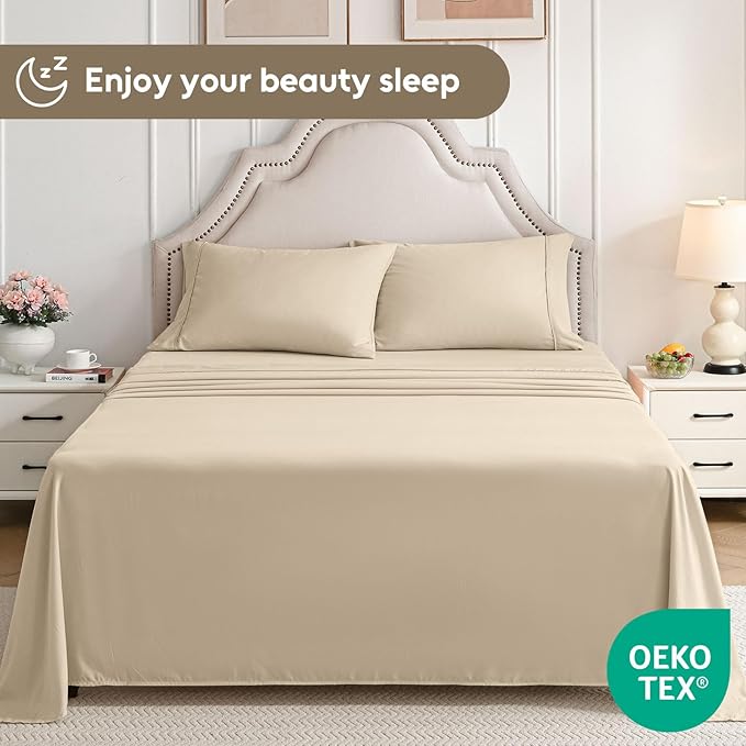 Twin Sheets Set, 3 Pieces Hotel Luxury Soft Microfiber Bed Sheets Set, Up to 16" Deep Pockets, Oeko-Tex Sheets with Elastic, Breathable, Wrinkle Free (Beige, Twin)