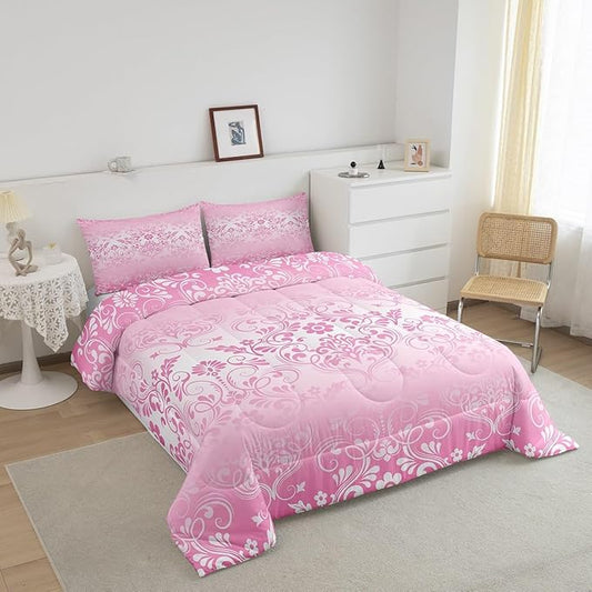 Feelyou Adults Pink Vintage Damask Floral Comforter Set Oriental Antique Comforter Twin Size Gothic Bohemia Boho Flower Bedding Set Bohemian Exotic Duvet Set Quilt Set 2Pcs