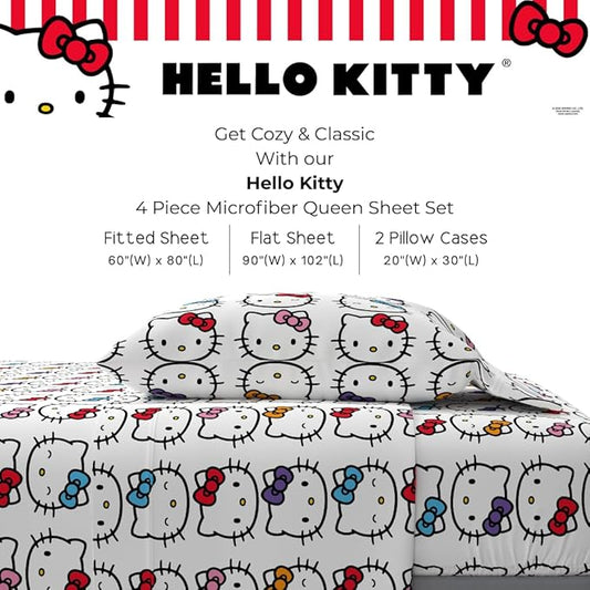 Collectibles Hello Kitty Bows Bedding Super Soft Cozy Microfiber 4 Piece Queen Sheet Set, (Officially Licensed Product) By Franco