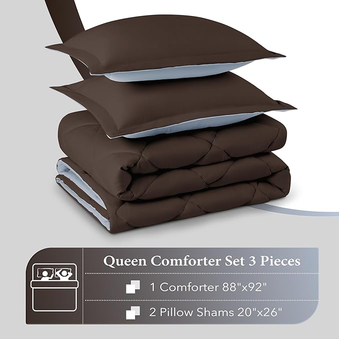 downluxe Queen Comforter Set - Brown and Blue Queen Comforter, Soft Bedding Sets for All Seasons -3 Pieces - 1 Comforter (88"x92") and 2 Pillow Shams(20"x26")