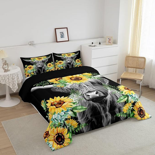 Feelyou Highland Cow Bedding Set Kids Sunflower Floral Western Cow Bull Comforter Set for Girls Teens Farmhouse Wildlife Animal Comforter Black Duvet Set Room Decor Quilt Set Queen Size