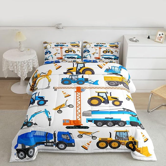 Excavator Comforter Set Queen Tractor Bedding Set For Teens Child Construction Trucks Down Comforter Yellow Blue Machinery Vehicle Equipment Truck Room Decor Forklift Bulldozer Crane Quilted Duvet