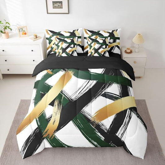 Erosebridal Black Green Gold Abstract 7 Piece Comforter Set Queen Modern Minimalist Line Geometric Bedding Set Minimalist Simple Sketch Art Bed in A Bag Cool Unique Contemporary Sheet Set