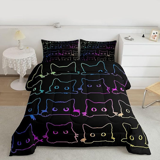 Cute Cats Bedding Set King Kawaii Cat Pet Comforter Set Colorful Neon Ombre Kawaii Animal Line Down Comforter Lovely Cat Lovers Room Decor Lightweight Duvet Set For Teens Children Boy Girl
