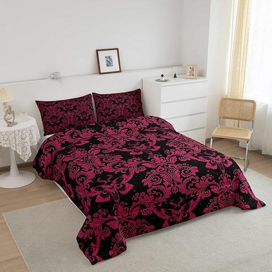 Feelyou Adults Pink Vintage Damask Floral Comforter Set Oriental Antique Comforter Queen Size Gothic Bohemia Boho Flower Bedding Set Gothic Skull Duvet Set Quilt Set 3Pcs