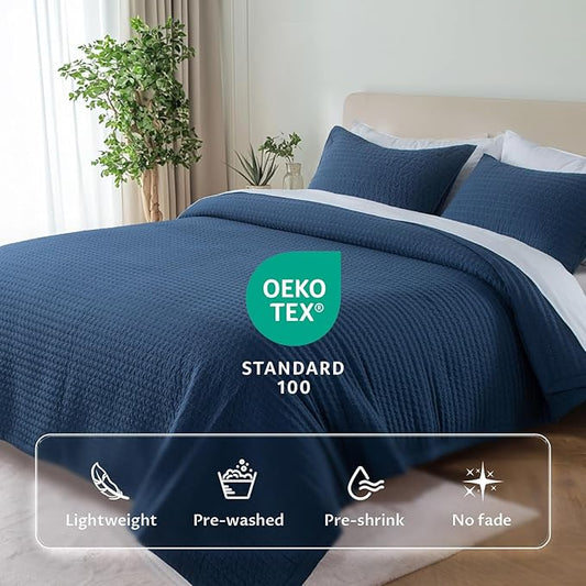 KASENTEX Oversized King Quilt Set 112"x106" โ Soft Washed 3-Layer Lightweight California King Bedspread, Minimalist Nordic Design, All-Season Quilt Bedding (1 Quilt + 2 Pillow Shams), Dress Dark Blue
