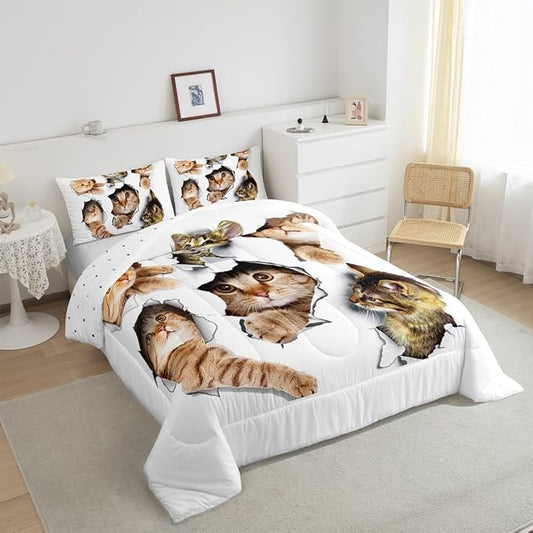 Erosebridal 3D Kitten Bedding Set Toddler Size Kawaii Cats Comforter Set for Kids Men Women Paw Cute Pet Animal White Orange Comforter Warm Soft Quilt Insert
