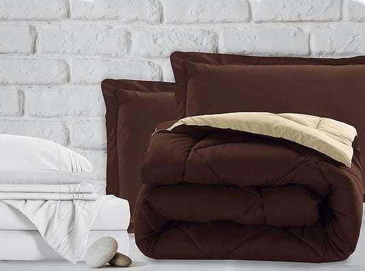 Elegant Comfort 7-Piece Twin XL Size Bed-in-a-Bag - Luxury 1500 Thread Count Comforter & Sheet Set, Cozy Bed Sheets and Comforter Set, Wrinkle and Stain Resistant, Brown/Cream