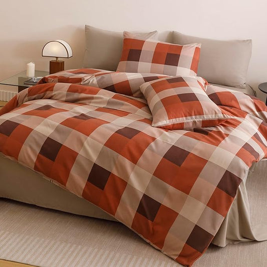 CLOTHKNOW Rust Khaki Plaid King Size Comforter Set Gingham Bedding Comforter Sets Geometric Comforter King with 2 x Pillow Cases