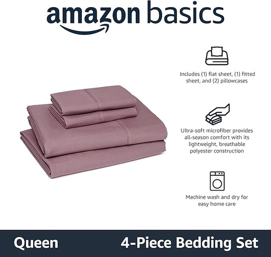 Amazon Basics Lightweight Breathable Microfiber 4-Piece Bed Sheet Set, Queen, Rose, Solid