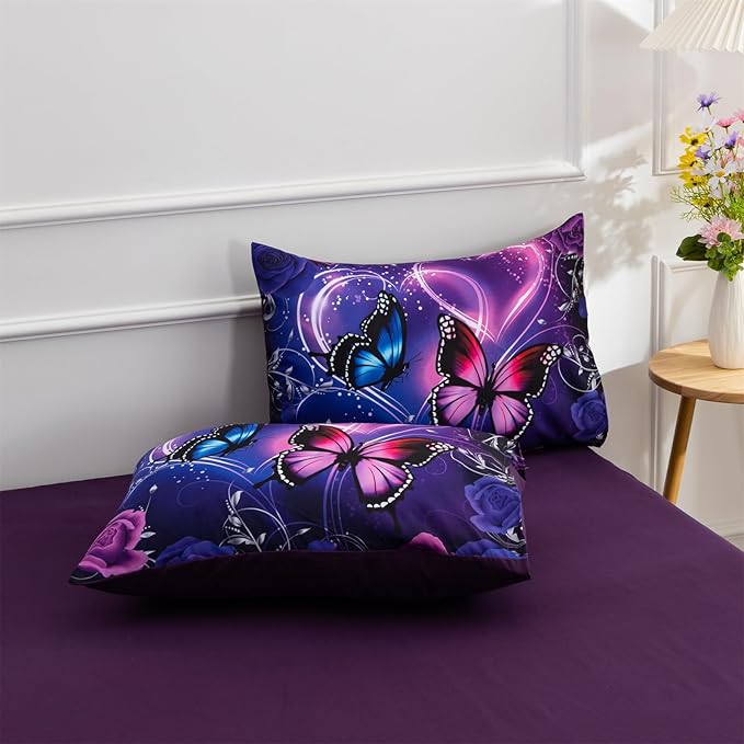 A Nice Night Galaxy 6pcs Bed in A Bag Purple and Blue Dreamy 3D Butterfly Printed, Butterflies Bedding Queen Comforter Set, for Girls Kids Teens
