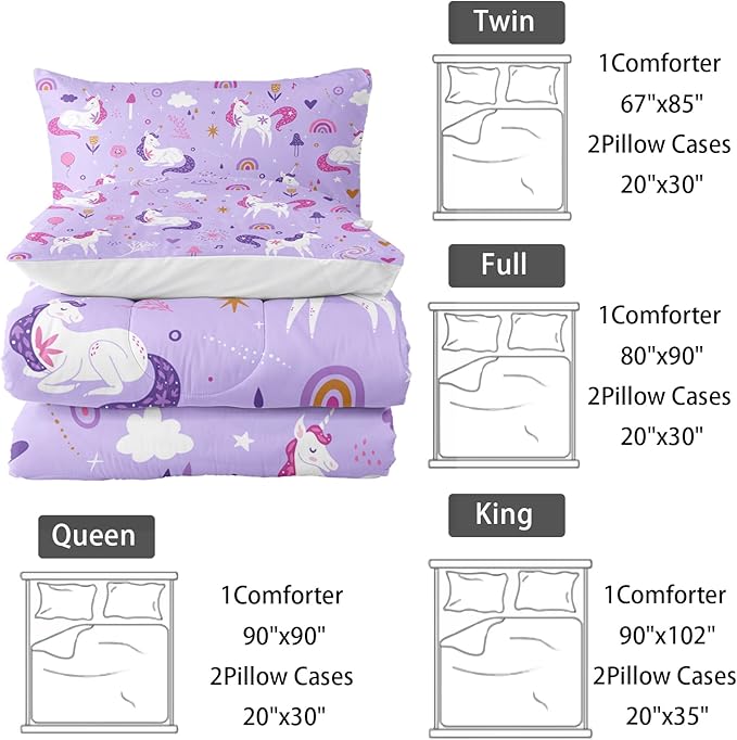 Unicorn 3 Piece Bedding Set King Size-Purple 3 Pieces Bedding Set for Kids, Unicorn Girls Comforter Set, Rainbow Clouds Star Quilt Set (1 Comforter 2 Pillowcase), All Seasons