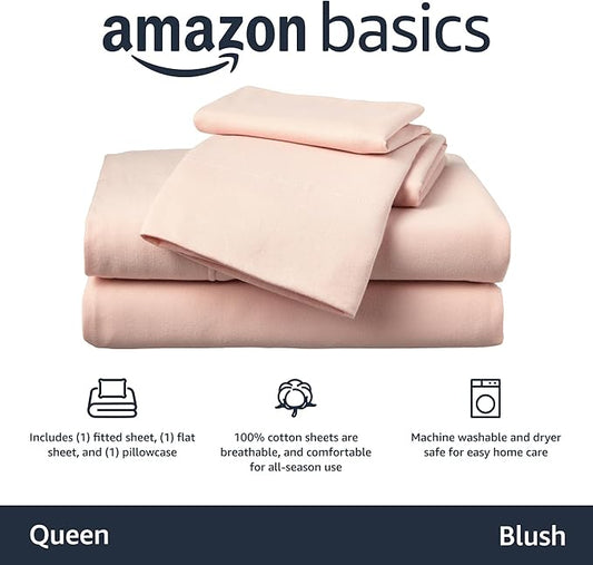 Amazon Basics 4 Piece Breathable 100% Cotton Jersey Knit Bed Sheet Set, Includes Flat and Fitted Sheets, Pillowcase, Queen, Blush