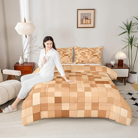 Pixelated Miners Blocks Kids Bedding Set King Size,Patchwork Square Video Games Comforter Set,Geometric Patchwork Grid Quilt Comforter,Light Brown Bedroom Duvet Insert,2 Pillowcases