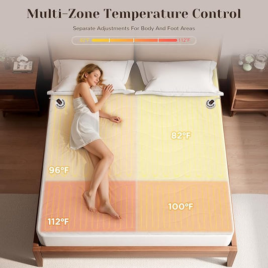 GOTCOZY Multi-Zone Heated Mattress Pad Queen Size - Electric Mattress Pad Fit up to 15" with 10 Heat Setting & 12 Hour Auto Off, Independent Body & Feet Heating, Machine Washable(Bleach)