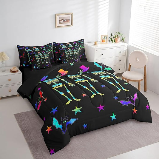 Erosebridal Sugar Skull Bed in a Bag King Size Comforter Set 7 Pieces,Gothic Skeleton Halloween Decor,Bedding Sets Galaxy Stars Sheet Set with Comforter