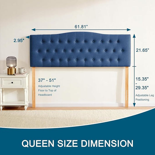 Tufted Headboard Queen Size, Solid Wood Adjustable Height Head Board, Blue | Upholstered Queen Headboard Only with Durable Solid Wood Legs, Adjustable Height 37-51 in, Fabric Button Diamond HeadBoards