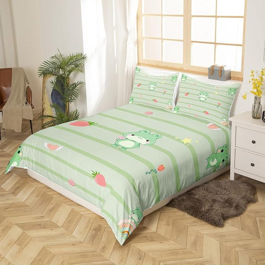 Cute Frog Bedding Set for Kids,Pink Strawberry Sweet Fruits Comforter Cover with Zipper Closure,Light Green Frogs Stripes Bedding Set Twin Size,Boys Girls Ultra Soft Quilt Cover,No Comforter