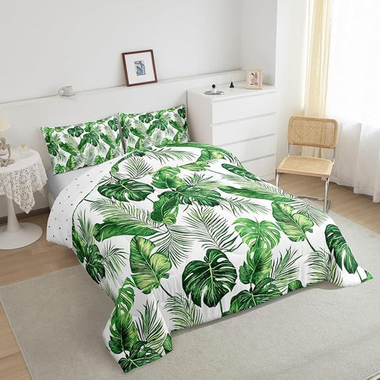Erosebridal Palm & Monstera Leaves Comforter, Full Size - Lightweight Green & White Hawaiian Bedding Set with 2 Pillow Cases