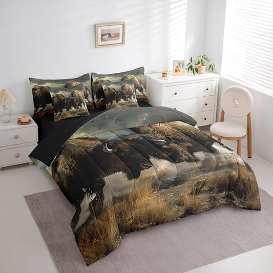Erosebridal Indian Bison Bed in a Bag Queen Comforter Set 7 Piece,Bullfight Competitive Sports Bedding Sets Bull Western Animals Sheet Set with Comforter