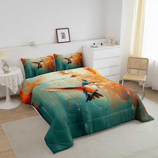 Feelyou Hummingbird Comforter Set Toddler Size Tropical Birds Comforter Hummingbird Flowers Bedding Set Blossoming Iris Flowers Duvet Set Room Decor Teal Quilt Set