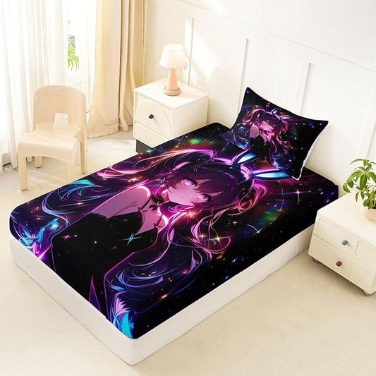 Erosebridal Cute Bunny Girls Twin Bed Sheets Japanese Anime Girl Fitted Sheet,Cartoon 3D Kids Bedding Sets Magical Neon Stars Sheets with 1 Pillowcase