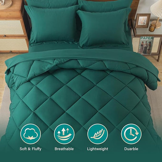 Cosybay Bed in a Bag Full Comforter Sets 7pcs All Season Solid Down Alternative Bedding Sets Dark Green with Comforter, Pillow Shams, Flat Sheet, Fitted Sheet and Pillowcases