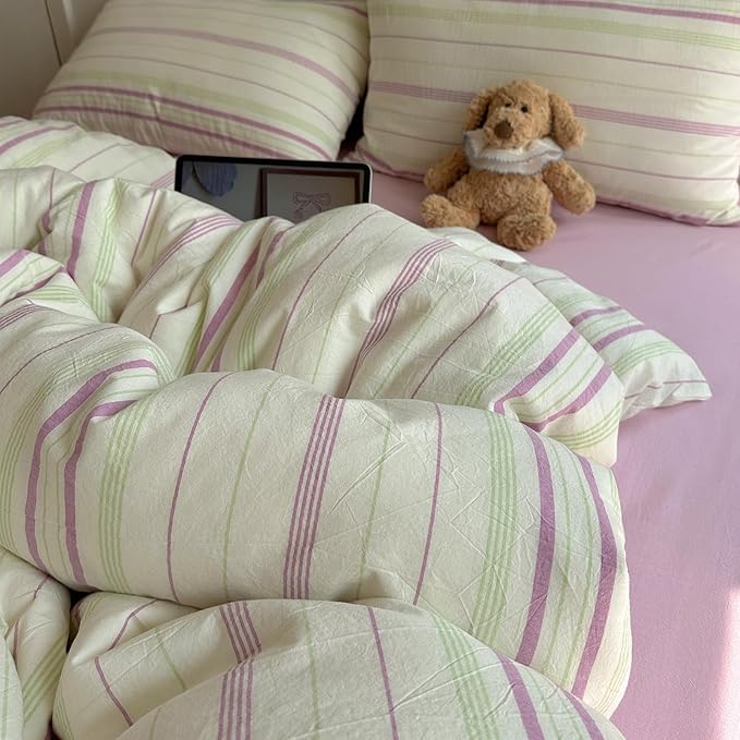 EAVD Vintage Striped Comforter Set Full Soft Cotton Retro Purple&Green Vertical Striped Bedding Set with 2 Pillowcases Boho Geometric Pattern Comforter Set for All-Season Breathable Lightweight