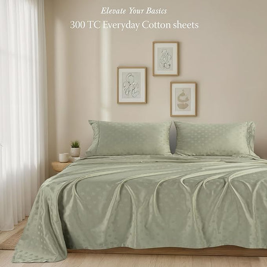 Threadmill Cotton Queen Sheet Set | 100% Cotton Sheets for Queen Size Bed | Damask Jacquard Queen Bed Sheets Set with 16” Deep Pocket | Soft Sateen Weave 4-Piece Cooling Bedding Set | Sage Green